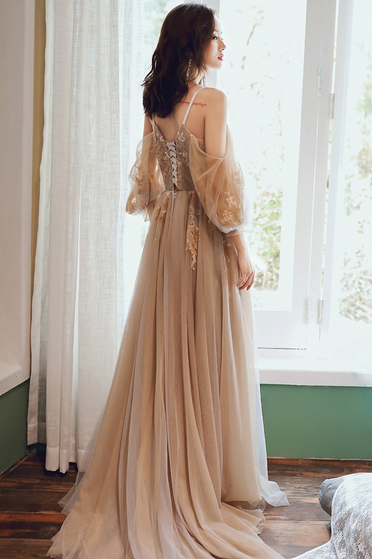 Cute tulle lace long A line prom dress evening dress  8736