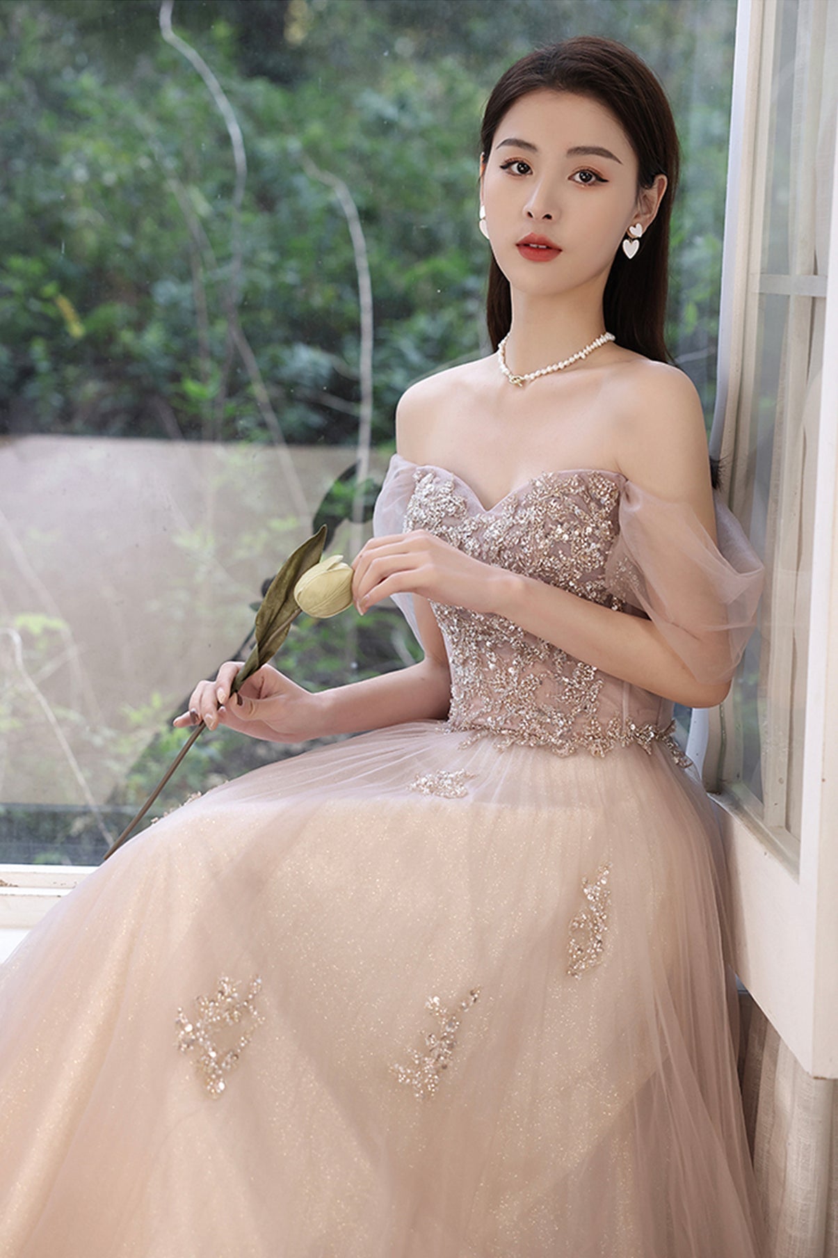 Stylish tulle sequins long prom dress evening dress  8714