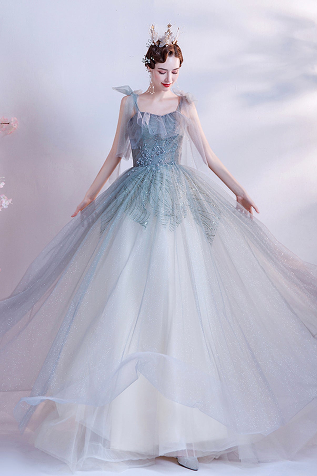 Cute tulle long A line prom dress evening dress  8703