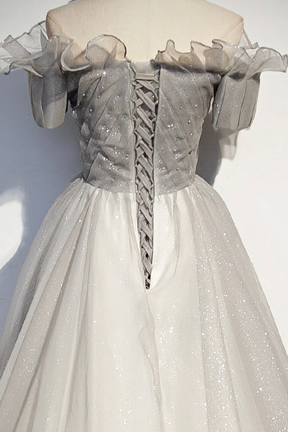 Silver tulle long ball gown dress formal dress  8598
