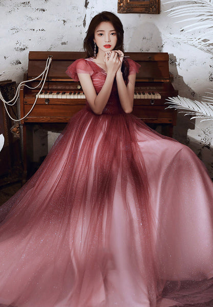 Burgundy tulle sequins long prom dress  8313
