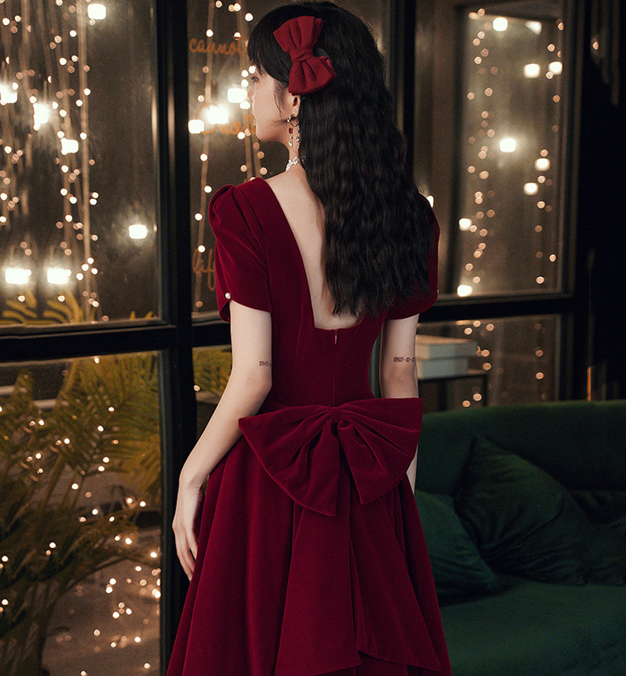 Cute velvet short prom dress with bow party dress  8479