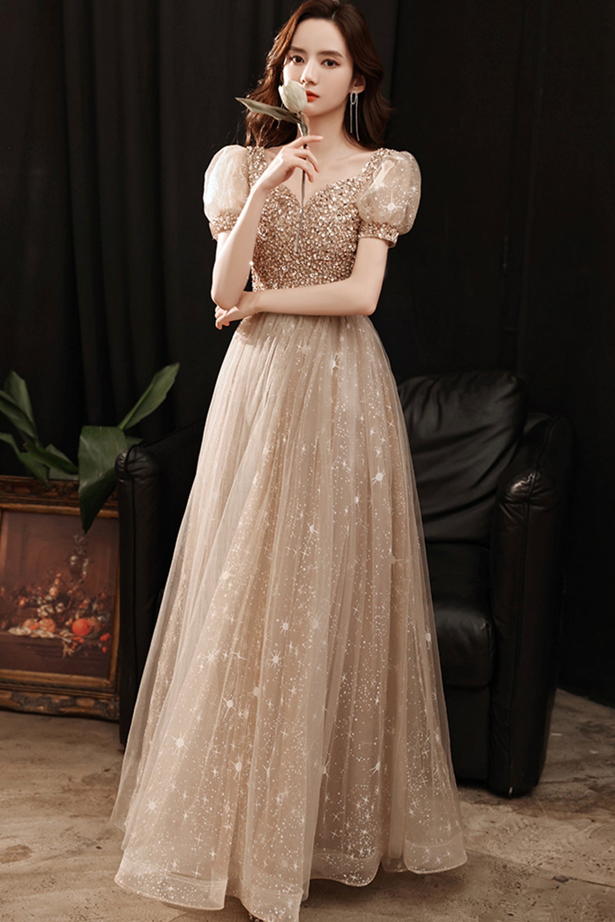 Gold tulle beads long A line prom dress evening dress  8860