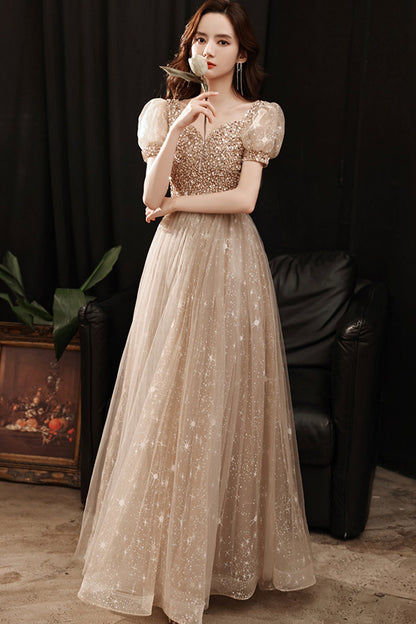Gold tulle beads long A line prom dress evening dress  8860