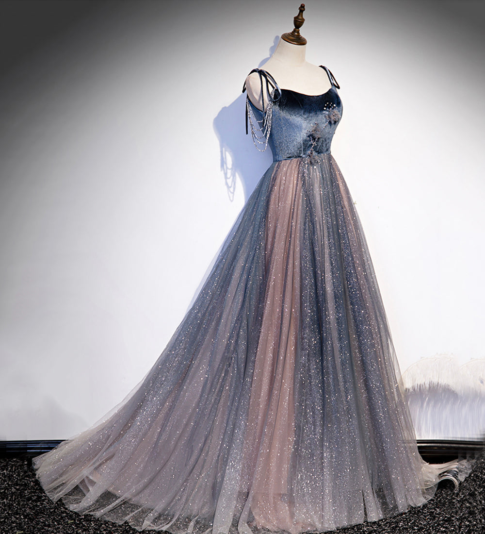 Blue tulle sequins long prom dress evening dress  8504