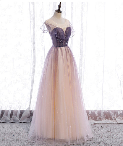 Elegant tulle sequins prom dress A line evening dress  8376