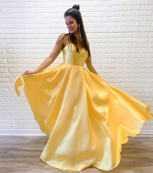 Yellow satin long prom dress evening dress  8187