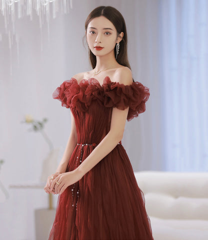 Unique tulle long prom dress off shoulder evening dress  8862