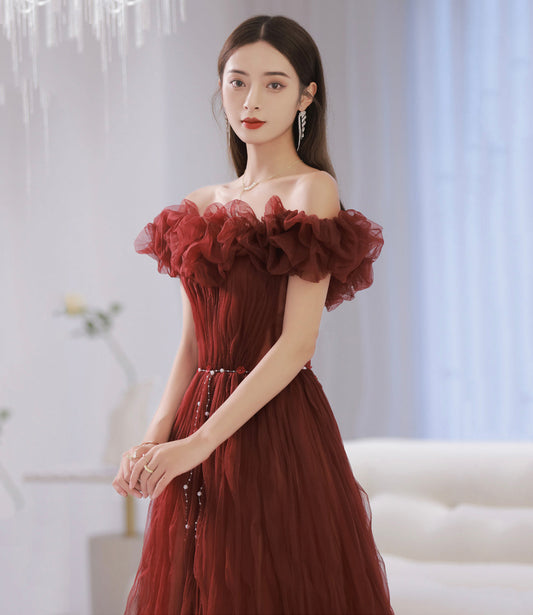 Unique tulle long prom dress off shoulder evening dress  8862