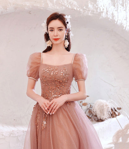 Pink tulle sequins long A line prom dress evening dress  8796