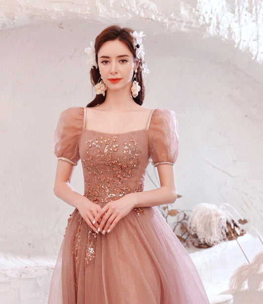 Pink tulle sequins long A line prom dress evening dress  8796