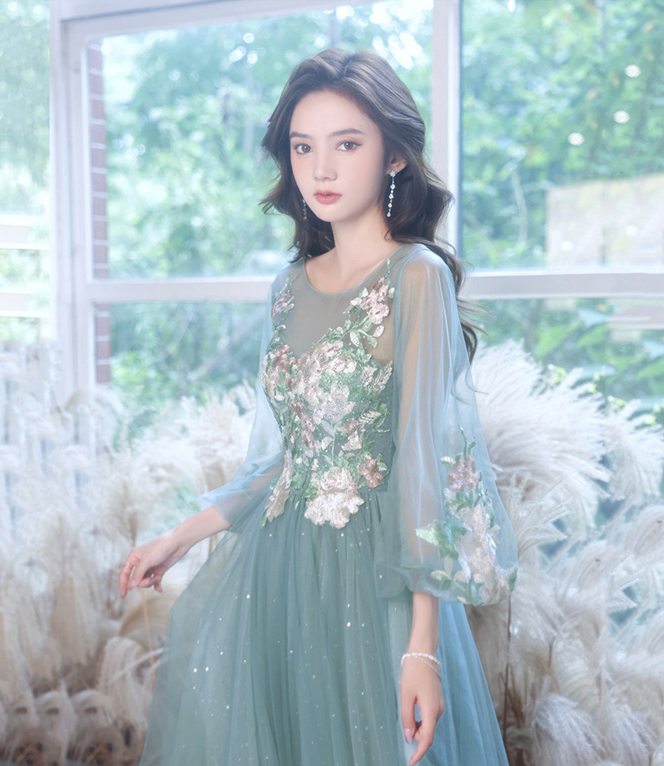 Blue tulle lace long prom gown evening gown  8942
