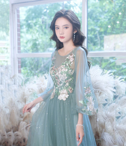 Blue tulle lace long prom gown evening gown  8942