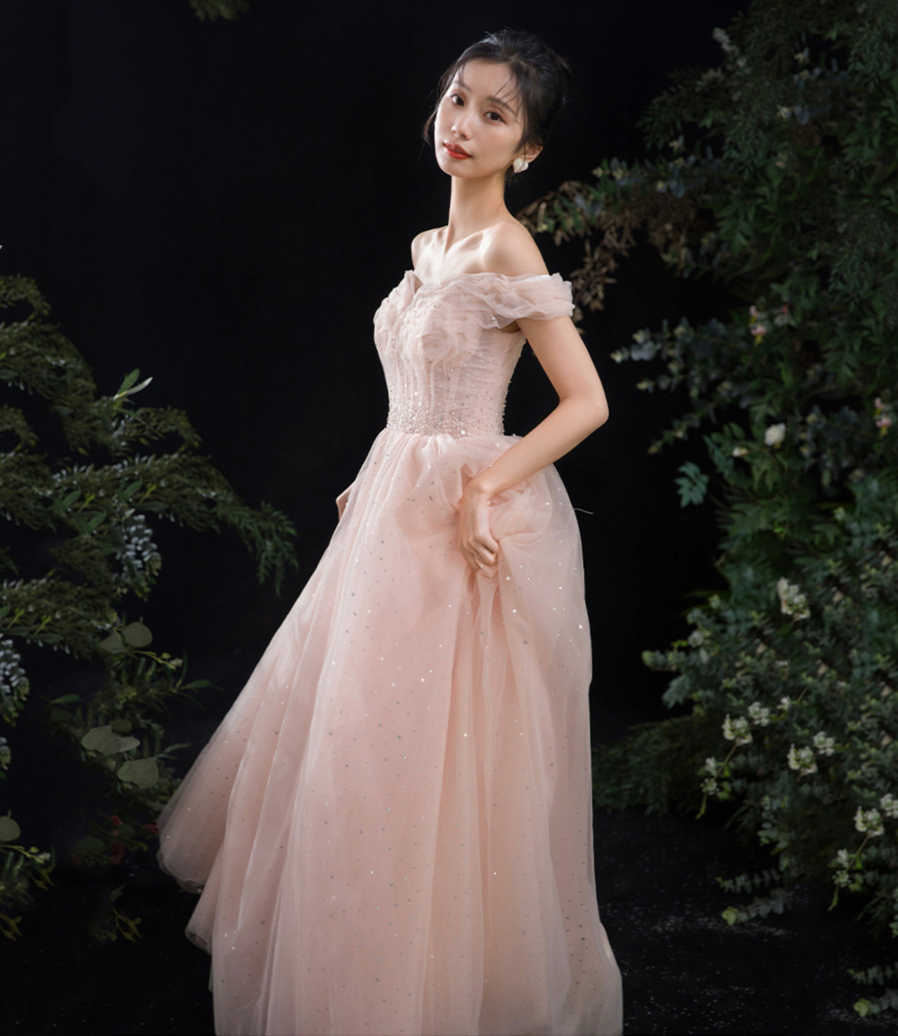 Pink tulle long A line prom dress pink evening dress  8891
