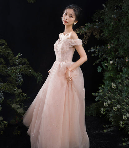 Pink tulle long A line prom dress pink evening dress  8891