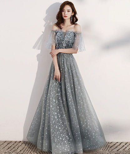 Shiny tulle long prom dress with sequins gray evening dress  8405