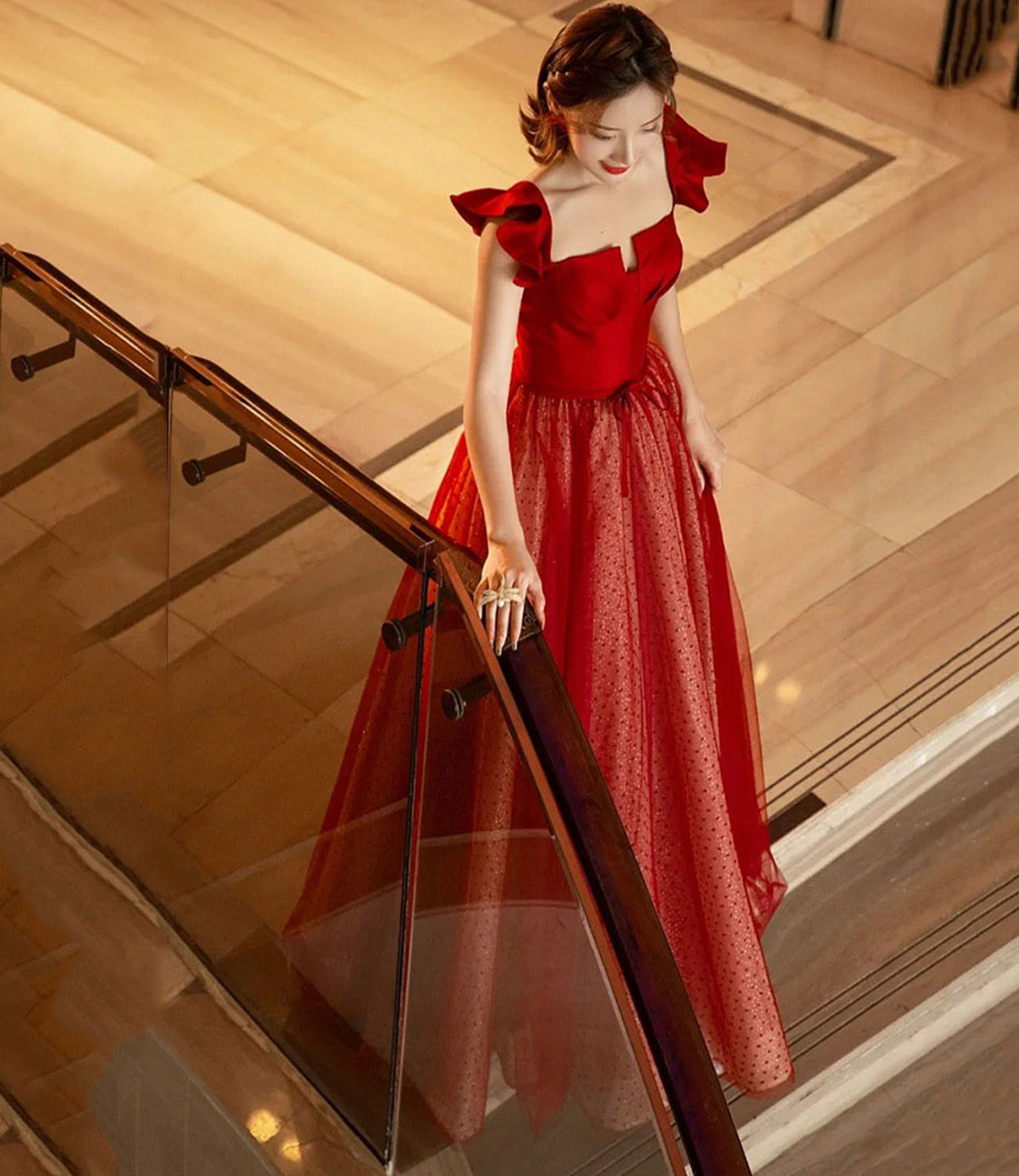 Red tulle long A line prom dress red evening dress  8852