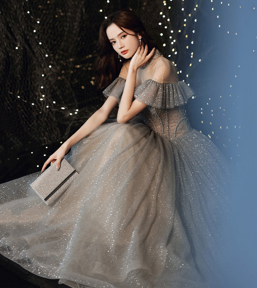 Gray tulle sequins long ball gown dress formal dress  8558