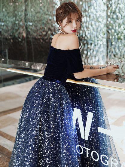 Blue tulle sequins long prom dress formal dress  8291