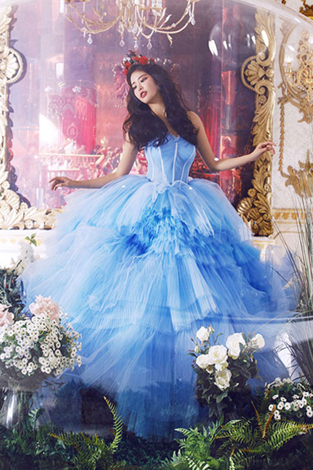 Amazing tulle long prom dress blue evening dress  8516