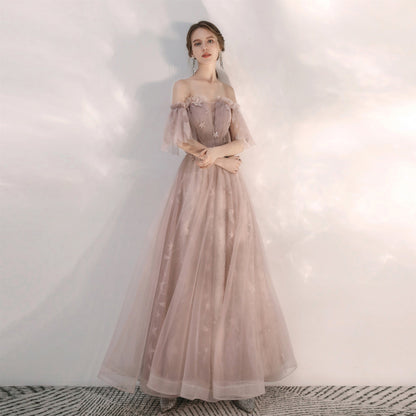 Light pink tulle long prom gown  8170