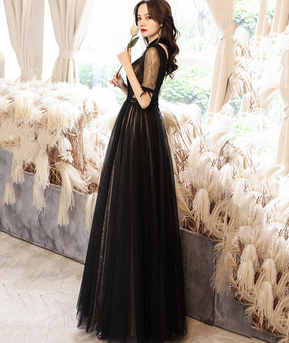 Black tulle long prom dress black evening dress  8529