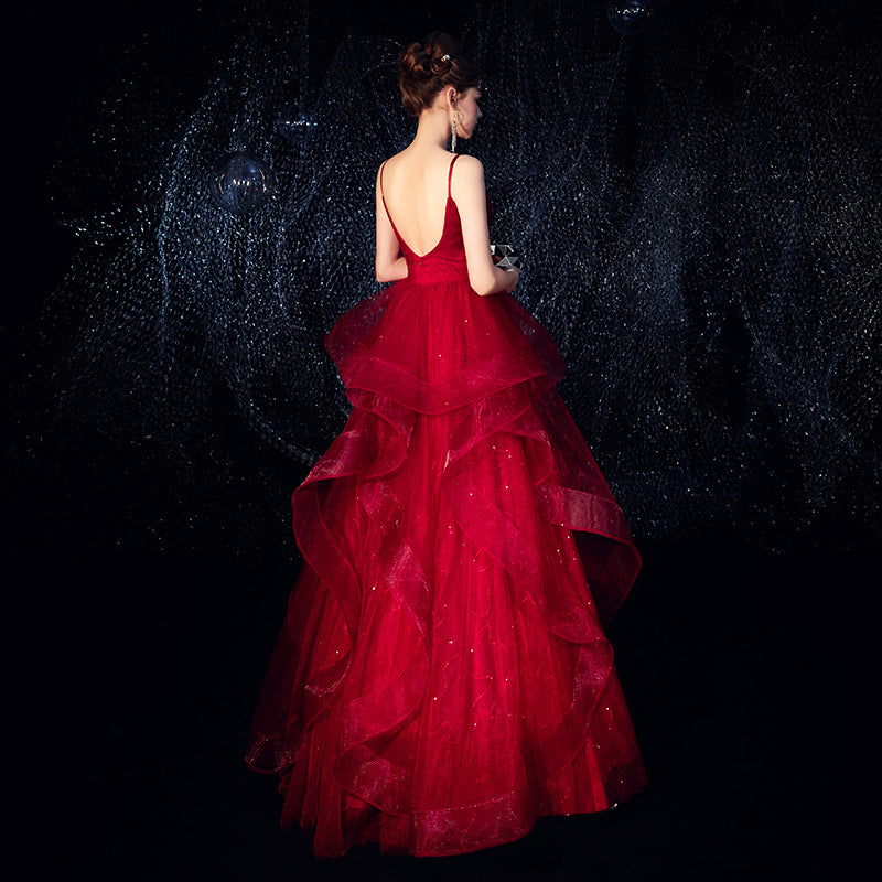 Burgundy tulle long prom dress formal dress  8295