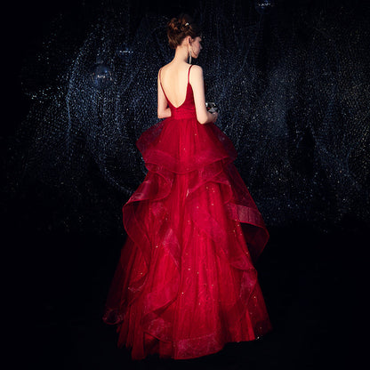 Burgundy tulle long prom dress formal dress  8295