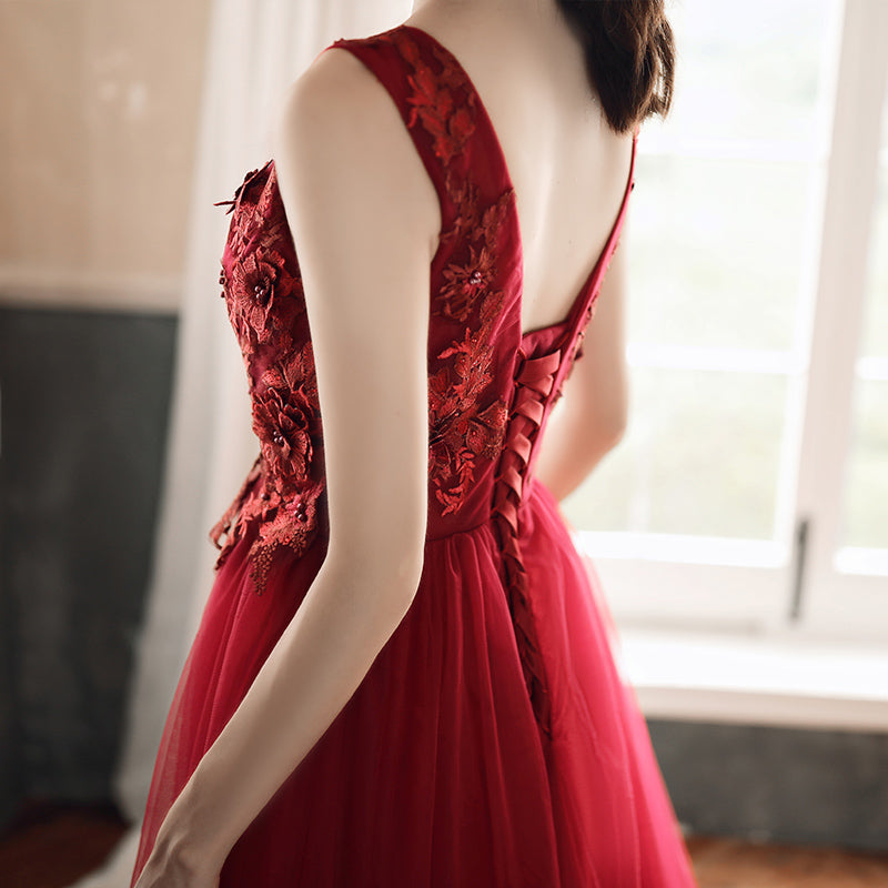 Burgundy tulle lace prom dress evening dress  8278