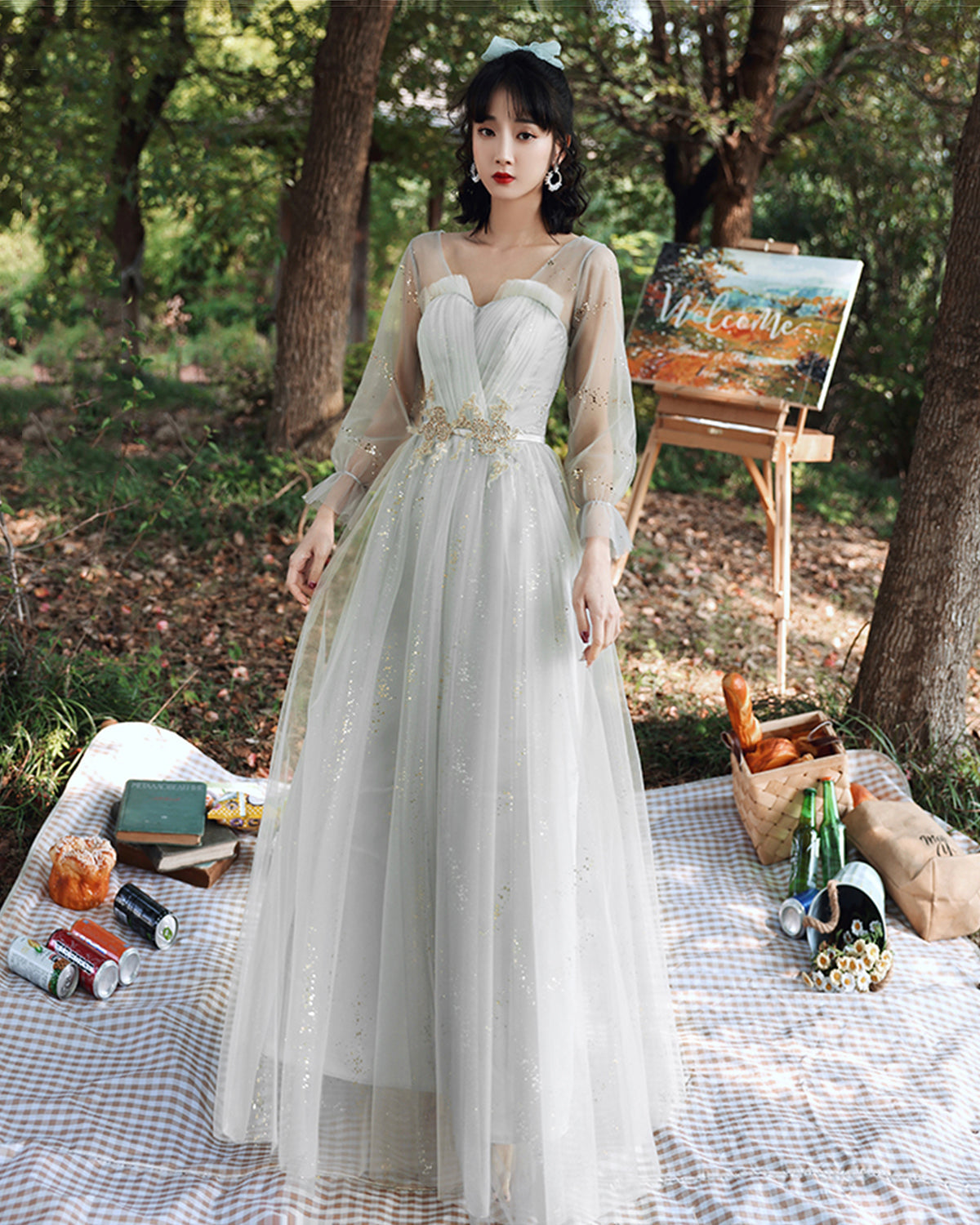 Cute tulle long A line prom dress evening dress  8867
