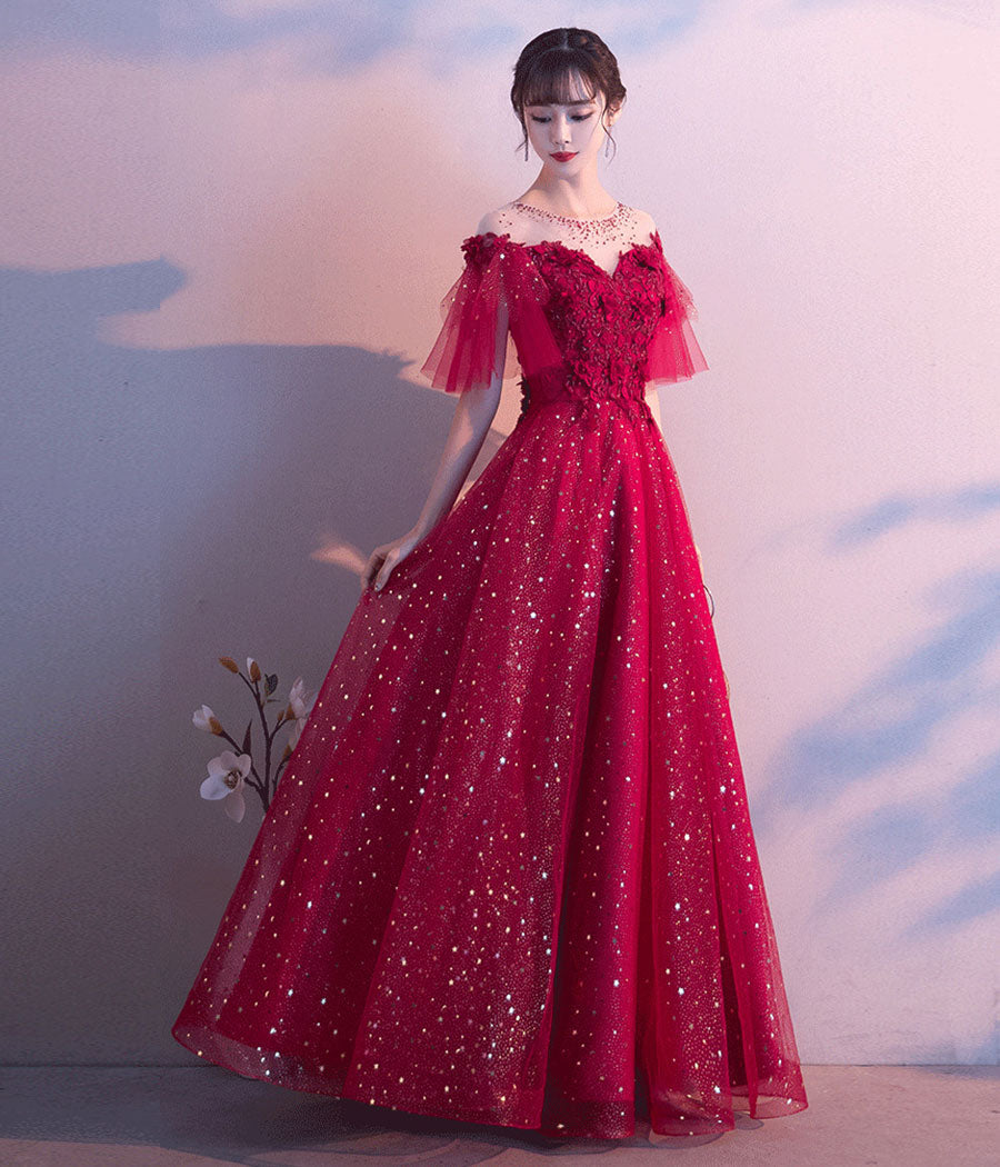 Burgundy tulle sequins prom dress evening dress  8339