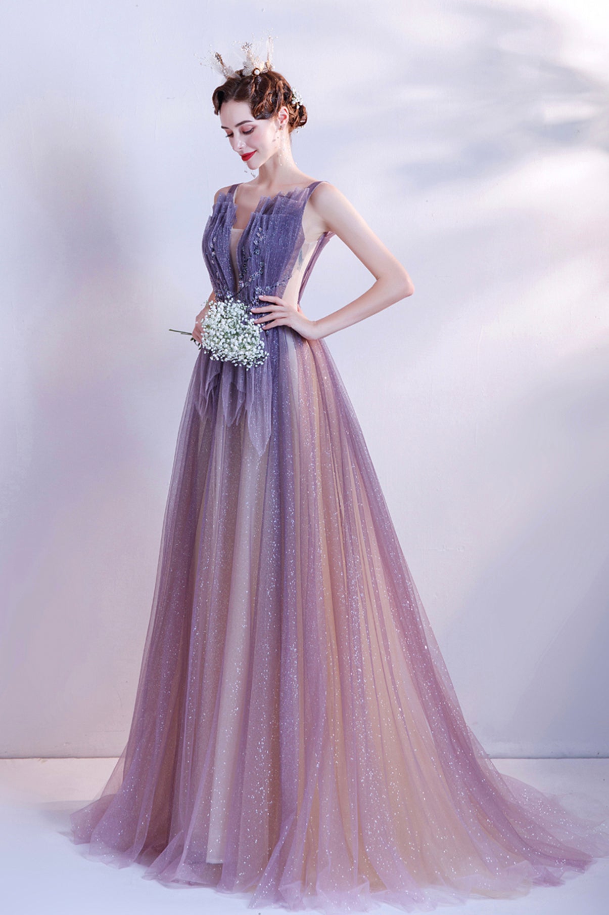 Purple tulle long A line prom dress evening dress  8748