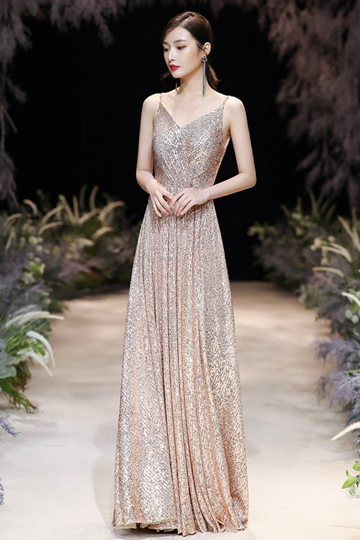 Champagne sequins long A line prom dress evening dress  8783
