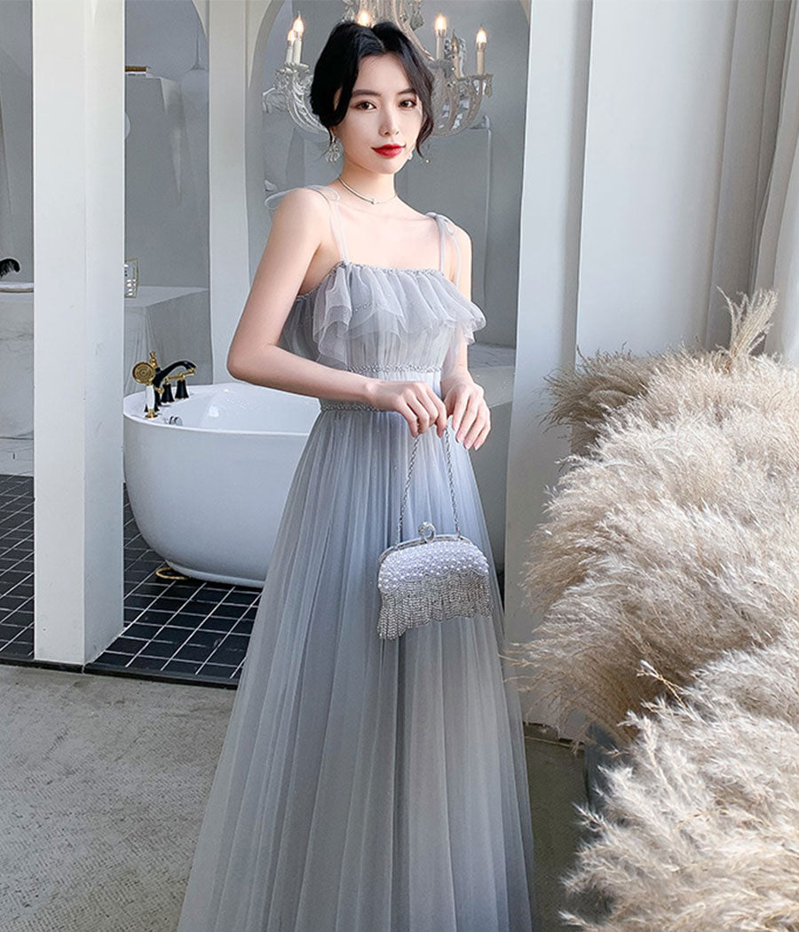 Gray tulle sequins long prom dress party dress  8342