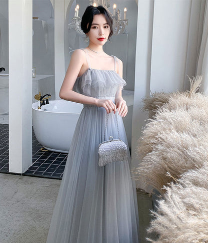 Gray tulle sequins long prom dress party dress  8342