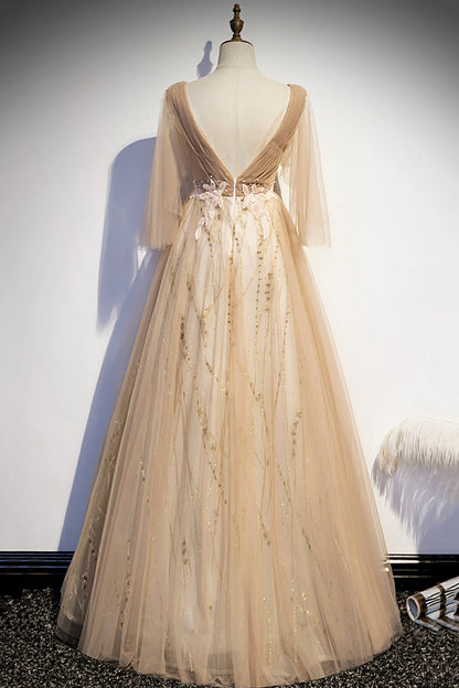 Champagne v neck lace long prom dress A line evening dress  8595