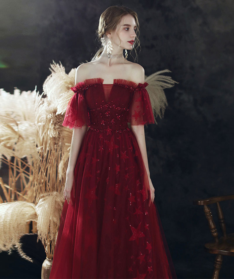 Burgundy sequins long prom dress  8340