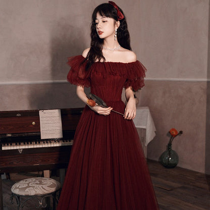 Burgundy tulle long prom gown formal dress  8435