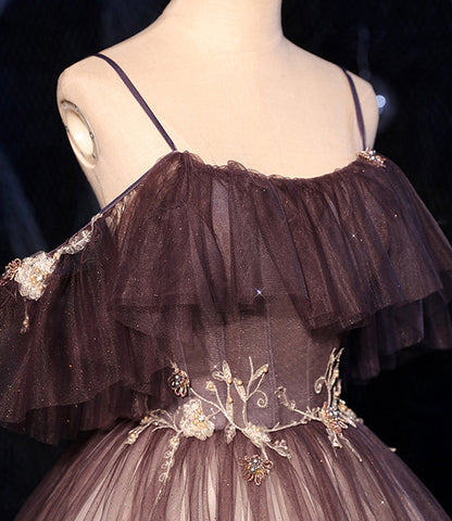 Brown Delicate Floral Applique Fashion A-Line Long Tulle Ball Gown Evening Dress 8721