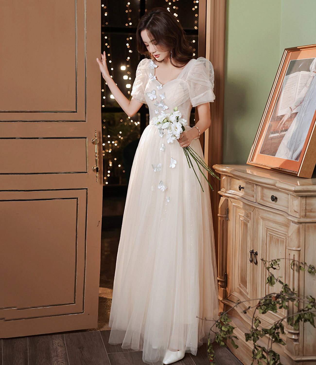 Champagne tulle long A line prom dress evening dress  8883