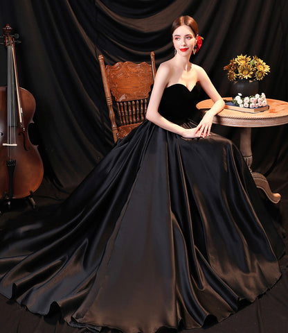 Black satin long A line prom dress black evening dress  8932