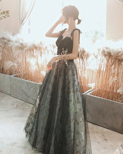 Black tulle sequins long prom dress black evening dress  8901