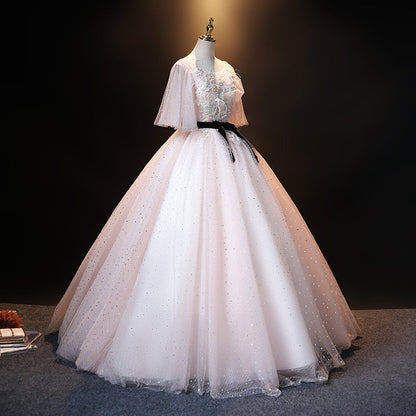 Pink tulle lace long ball gown dress formal dress  8908