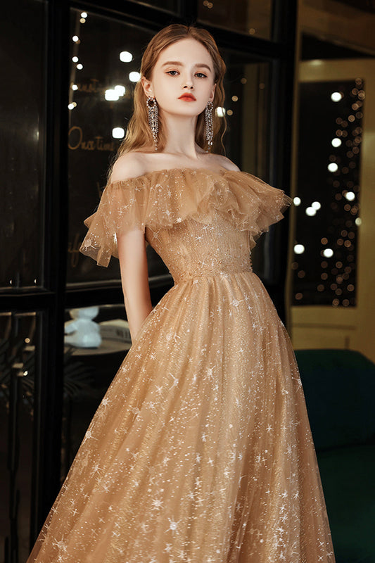 Gold tulle sequins long prom dress evening dress  8508