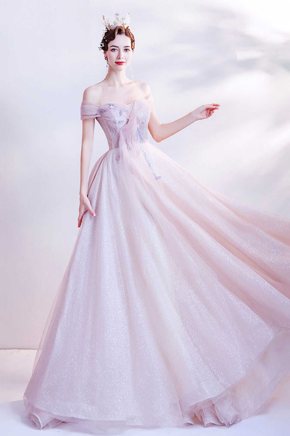 Pink tulle long A line prom dress pink evening dress  8768