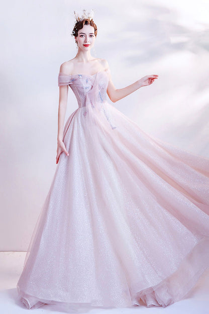 Pink tulle long A line prom dress pink evening dress  8768