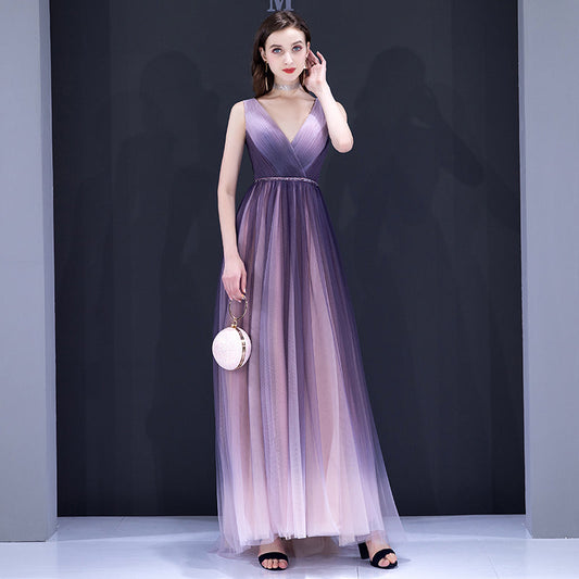 Purple v neck tulle long prom dress  8199
