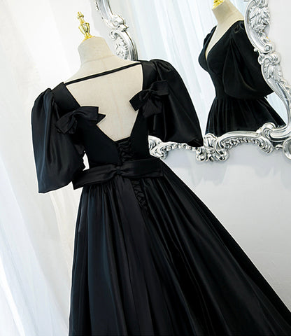 Black v neck satin long A line prom dress evening dress  8846