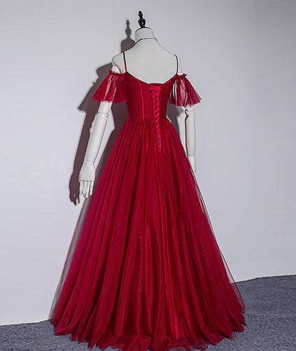 Burgundy tulle long prom gown formal dress  8496