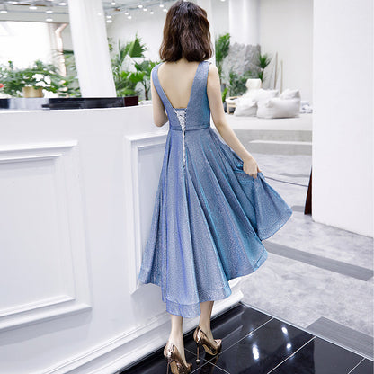 Shiny v neck short prom dress blue evening dress  8361